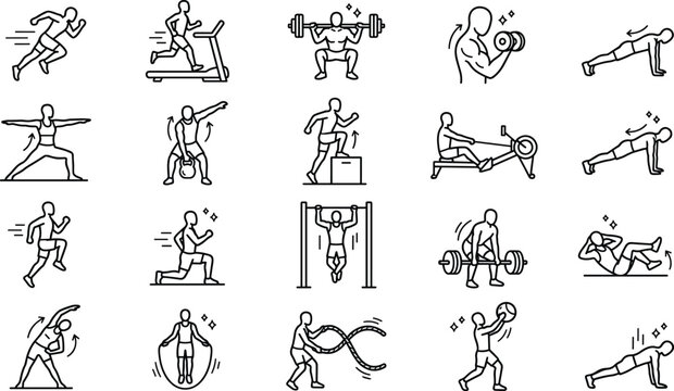 Fitness and gym workout line icon set featuring running treadmill bodybuilding weightlifting yoga kettlebell pullups jump rope and cardio exercise vectors.