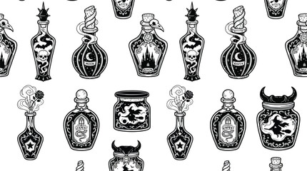 Seamless pattern of vintage magic potion bottles featuring a spooky halloween vector design for festive holiday backgrounds © Anika
