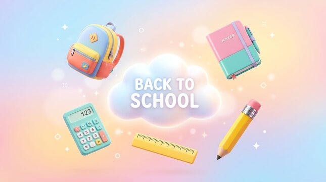 Back to school background with floating colorful school supplies and a central cloud text banner