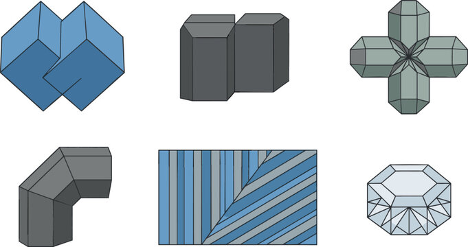 Mineralogy Crystal Twinning Vector Set Featuring Carlsbad Twin Penetration Macle Cyclic Crystals Albite Striations and Interlocking Polysynthetic Mineral Specimen Diagrams