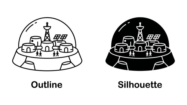Mars Colony Icon: Two iconographic representations of a futuristic Mars colony, showcasing dome habitats, solar panels, and a communication tower, presented in both outline and silhouette styles.
