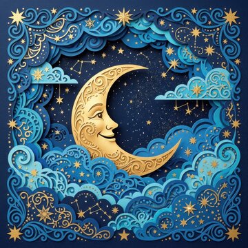 Intricate 3D paper art of celestial moon and clouds.
