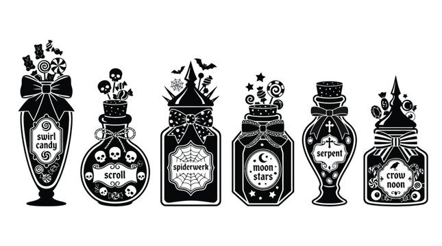 Set of vintage potion bottles for a spooky halloween vector illustration featuring magical ingredients and mystical apothecary glass containers