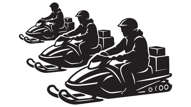 Three people riding snowmobiles on a snowy trail
