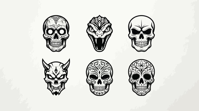 Set of detailed monochrome skull illustrations for a spooky halloween vector design collection on a white background