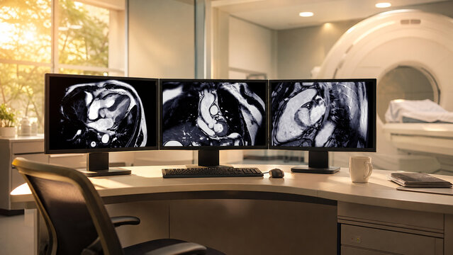 Clinical display showing four chamber cardiac MRI views at a modern diagnostic workstation. Generative AI.