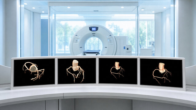 Clinical display showing three dimensional coronary CTA images at a modern cardiac CT workstation. Generative AI.