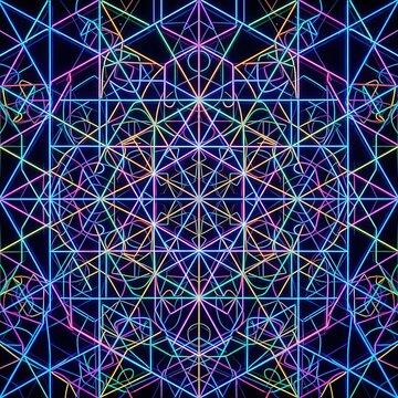 Intricate neon geometric kaleidoscope pattern on black background.