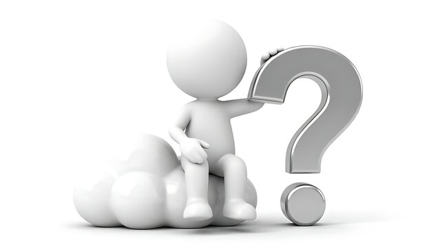 3D minimal white character sitting on a cloud holding a metallic question mark, FAQ and customer support concept, isolated on a white background