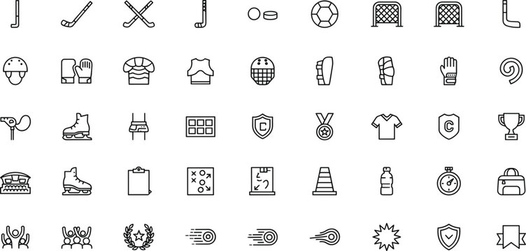 Ice hockey and field sport line icons set with sticks pucks skates helmets goals and championship awards vector