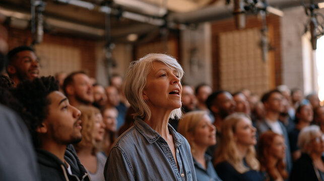 Voice actor crowd of session performers fills converted industrial warehouse studio, microphones suspended from rigging, foam baffles on brick walls, animated group