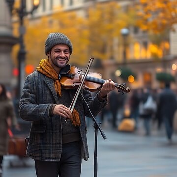 Street musician playing violin in city.  A smiling person plays a violin outdoors in a city setting.  Warm colors and soft lighting