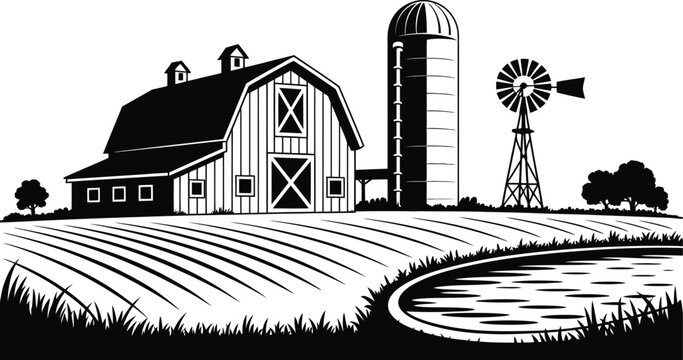 Classic Farm Barn with Silo and Windmill Silhouette, Rural Agricultural Landscape Black Vector Illustration Isolated on White Background Design