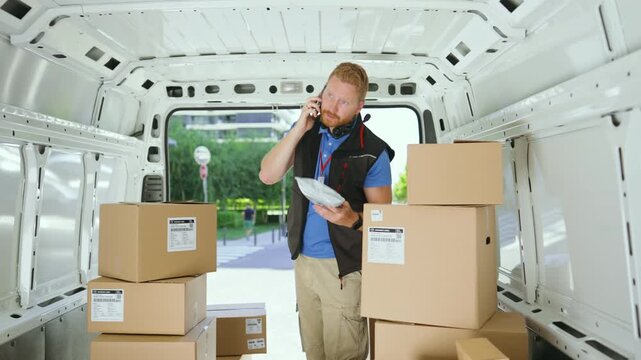 A man is inside a delivery van. He is talking on the phone while looking at some papers. There are several boxes stacked around him.