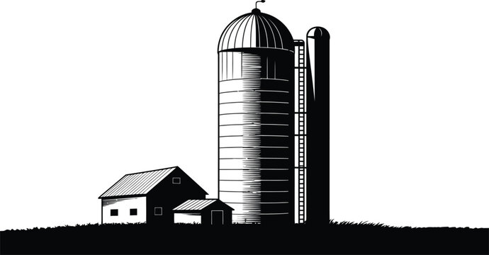 Farm Barn and Grain Silo Black Silhouette Vector Illustration, Rural Agriculture Storage Facility Isolated on White Background Design