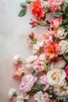 Elegant floral arrangement for quinceanera celebration and 15th birthday party decor. Vertical banner. Copy space. Template for invitation, card