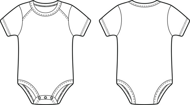 Baby Bodysuit Mockup Vector Template Featuring Front and Back Views of Short Sleeve Infant Onesie Isolated on White Background