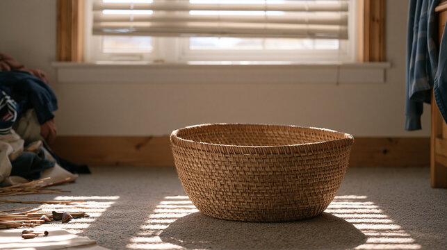 A teenager's room with a single handwoven basket sitting in the center of an otherwise empty desolate floor, personal items pushed to walls, the object central and telling,