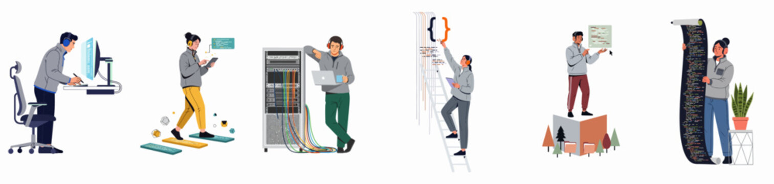 Collection of diverse tech professionals and software developers in flat illustration style, featuring coding, server maintenance, and digital innovation tasks.