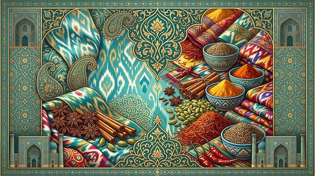 Ornamental spice market scene with central asian textiles and patterns
