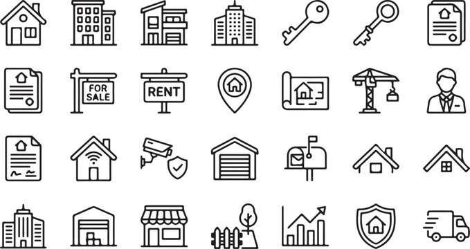 Set of Real Estate Editable Stroke Outline Vector Icons Collection