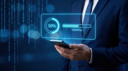 Fototapeta premium Mobile device held by a man in a suit featuring a software update in progress with futuristic elements