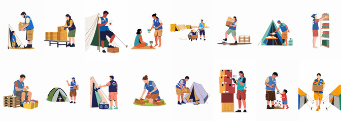 Fototapeta premium Flat Vector Illustrations of Humanitarian Volunteers Providing Food, Water, and Medical Aid to Refugees and Displaced People in Temporary Camps