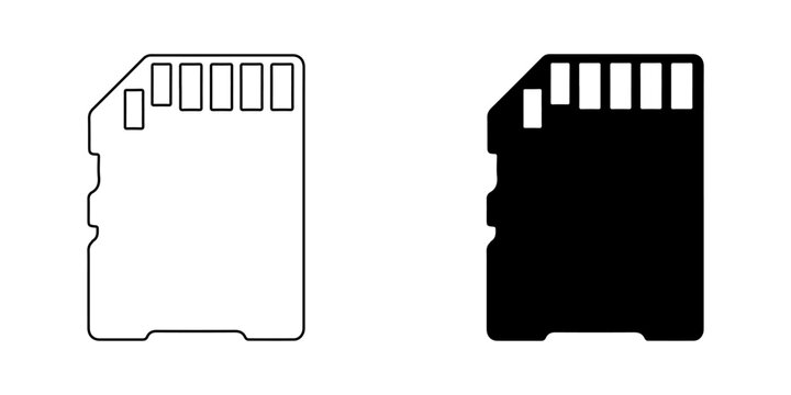 SD card icon set for data storage and digital technology design. Vector memory card outline and solid symbol pair for tech projects and media devices.