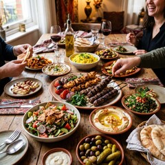Obraz premium Friends sharing Mediterranean meal at large wooden table.
