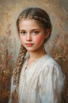 Oil painting portrait of cute little girl with braid in white lace dress, classical fine art style