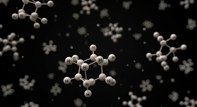 3D molecular model of cyclohexane molecule with hexagonal ring structure against black background