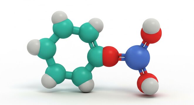 3D molecular model of nitrobenzene showing atoms and bonds on white background