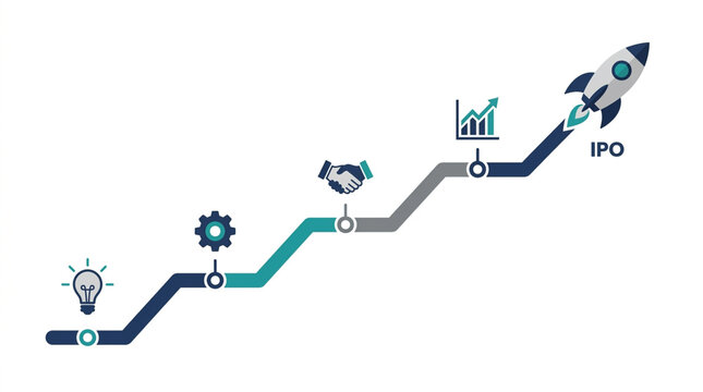 Business growth roadmap timeline infographic showing project development milestones from startup idea to successful ipo launch with rocket and icons for corporate strategy