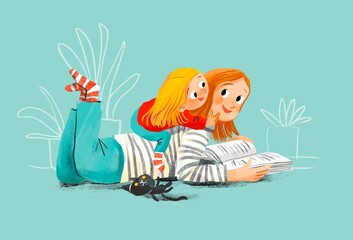 Cozy Family Moment: Mother and Toddler Reading with Cat