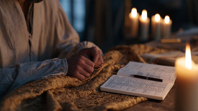 An upholsterer's hands in close up by candlelight carefully stitch brocade fabric over a carved chair frame, a sleep quality tracking journal and pen resting open beside the