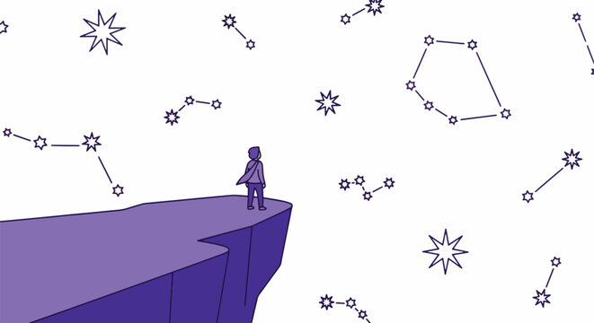 Person standing on cliff edge looking at constellations in the starry night sky, symbolizing dreams and aspirations