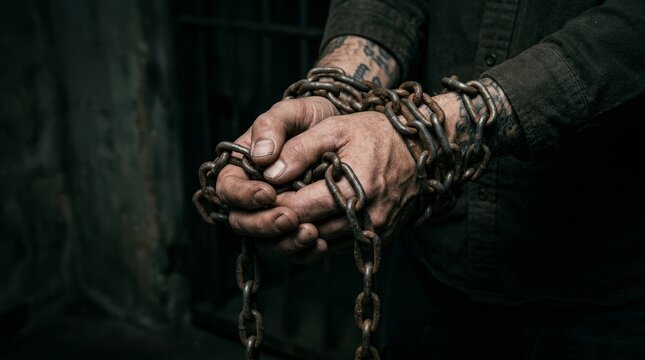Close-up of hands tied with chains, human trafficking concept