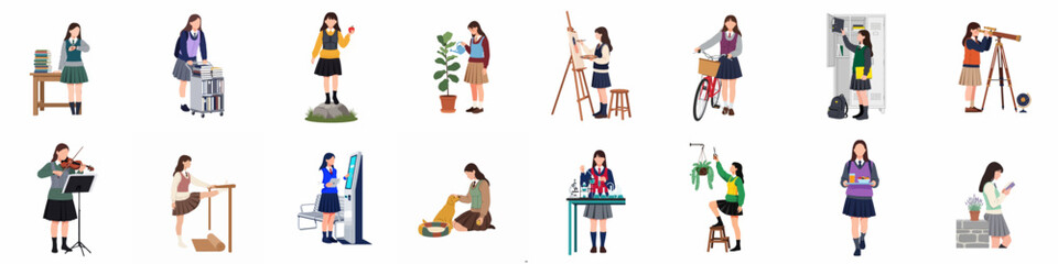 Fototapeta premium Collection of flat illustrations depicting a teenage schoolgirl in uniform engaging in various school activities, hobbies, and educational pursuits.