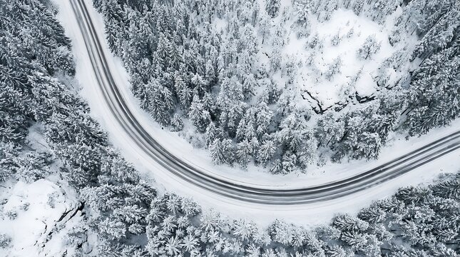 A Stunning Aerial View of a Winding Mountain Road Through a Snow-Covered Pine Forest road in the snow capped woods aerial view mountain road through a snowy pine forest winter landscape snow covered