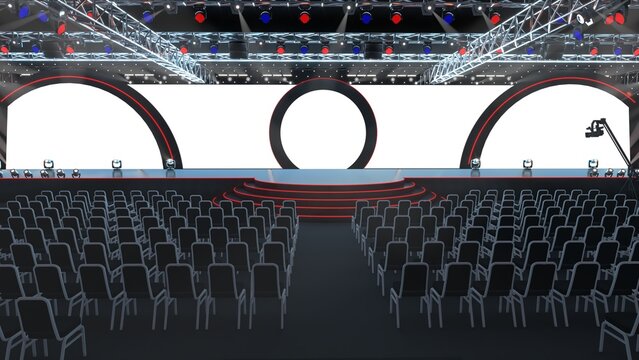 Modern empty event stage with presentation platforms in a conference hall, ideal for corporate meetings, product launches, exhibitions, ceremonies, branding mockups, and business presentations.
