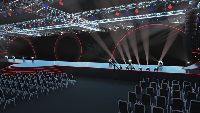 Modern empty event stage with presentation platforms in a conference hall, ideal for corporate meetings, product launches, exhibitions, ceremonies, branding mockups, and business presentations.