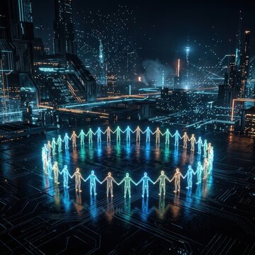 Holographic people holding hands in futuristic neon city.