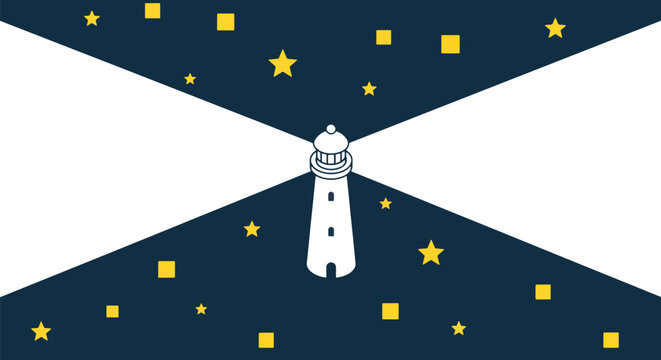 Bright lighthouse shining light beams through dark starry night sky, symbolizing hope and guidance