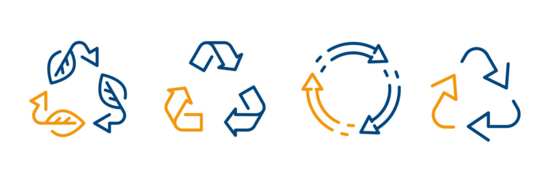 recycle, icon set, bio recyclable, waste trash, arrows rotation linear signs on white background, reduce, reuse, editable blue and yellow color, simple icons, vector illustration eps10
