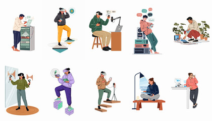 Fototapeta premium Collection of diverse people interacting with modern technology, virtual reality headsets, and digital devices in a flat illustration style.