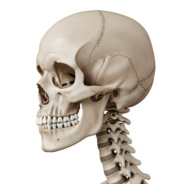 Human skull and neck bones anatomy side view isolated on transparent background