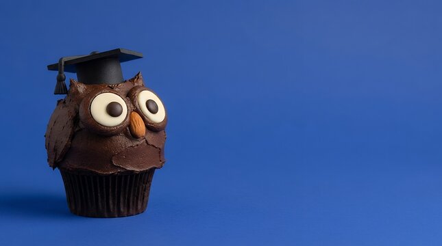 A chocolate owl cupcake decorated with a graduation cap looking to the side set against a solid royal blue background for a graduation concept owl cupcake looks to side A chocolate owl cupcake wears