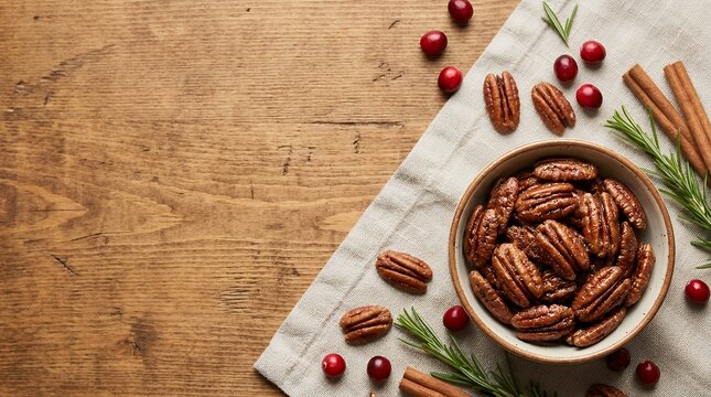 Candied pecans arranged on a festive holiday background photographed with selective focus for a wellness concept candied pecans Candied pecans on festive holiday background selective focus wellness
