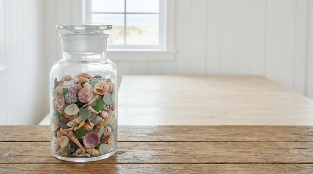 A glass jar filled with seashells used as a decorative home accessory for a beach concept jar of sea shells Home Decor Jar Of Sea Shells as home decor beach concept jar glass container sea shells