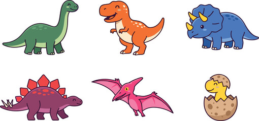 Cute Cartoon Dinosaur Icon Set Featuring Brachiosaurus, Tyrannosaurus Rex, Triceratops, Stegosaurus, Pterodactyl, and Hatching Dino Egg Illustrations for Kids Vector Designs © Anisur